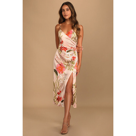 Lulus Remarkable Entrance Pink Floral Print Satin Midi Dress - Size XL - Picture 1 of 5